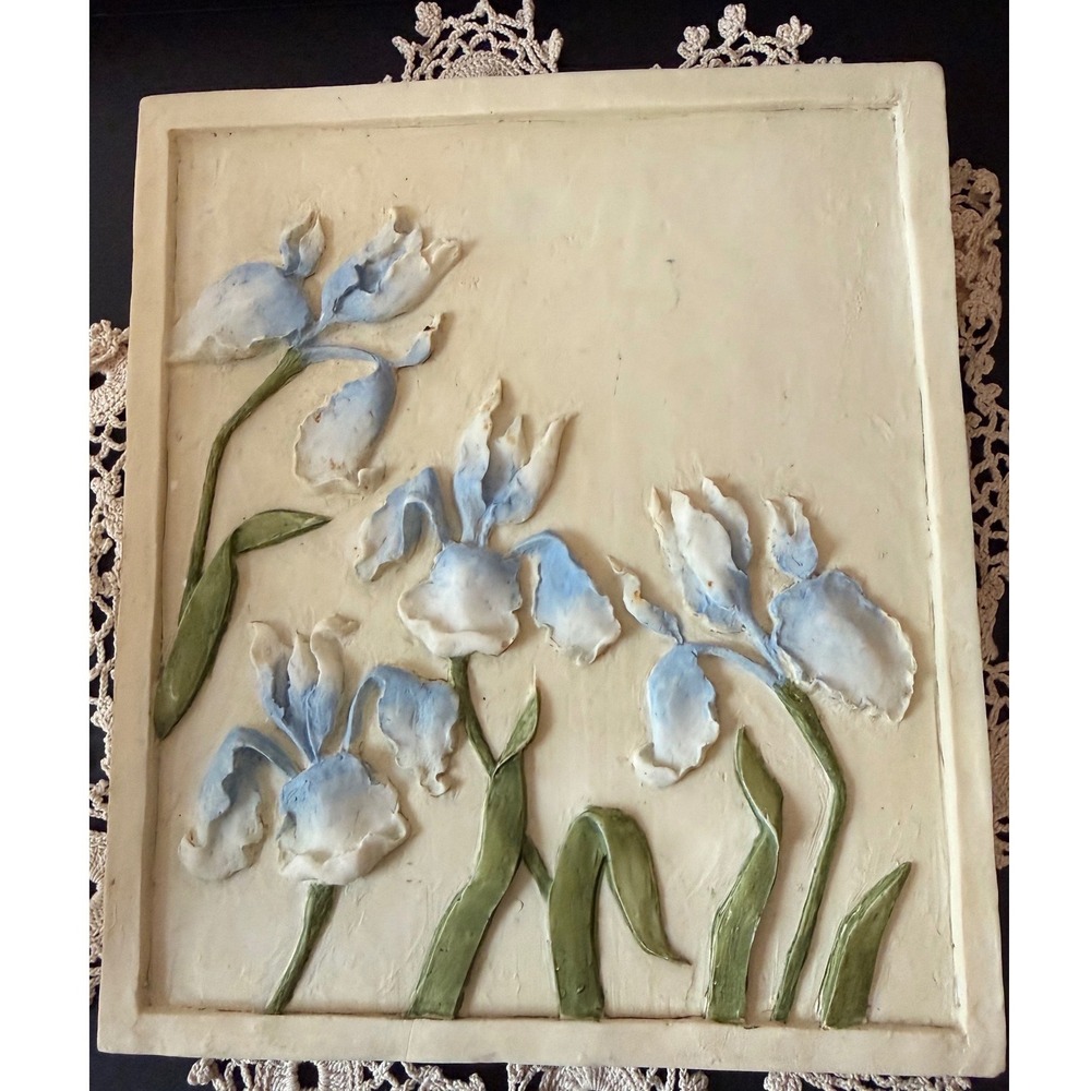 Vintage O.J. Lenehan "Iris" 3D Raised Relief Floral Wall Plaque Tile